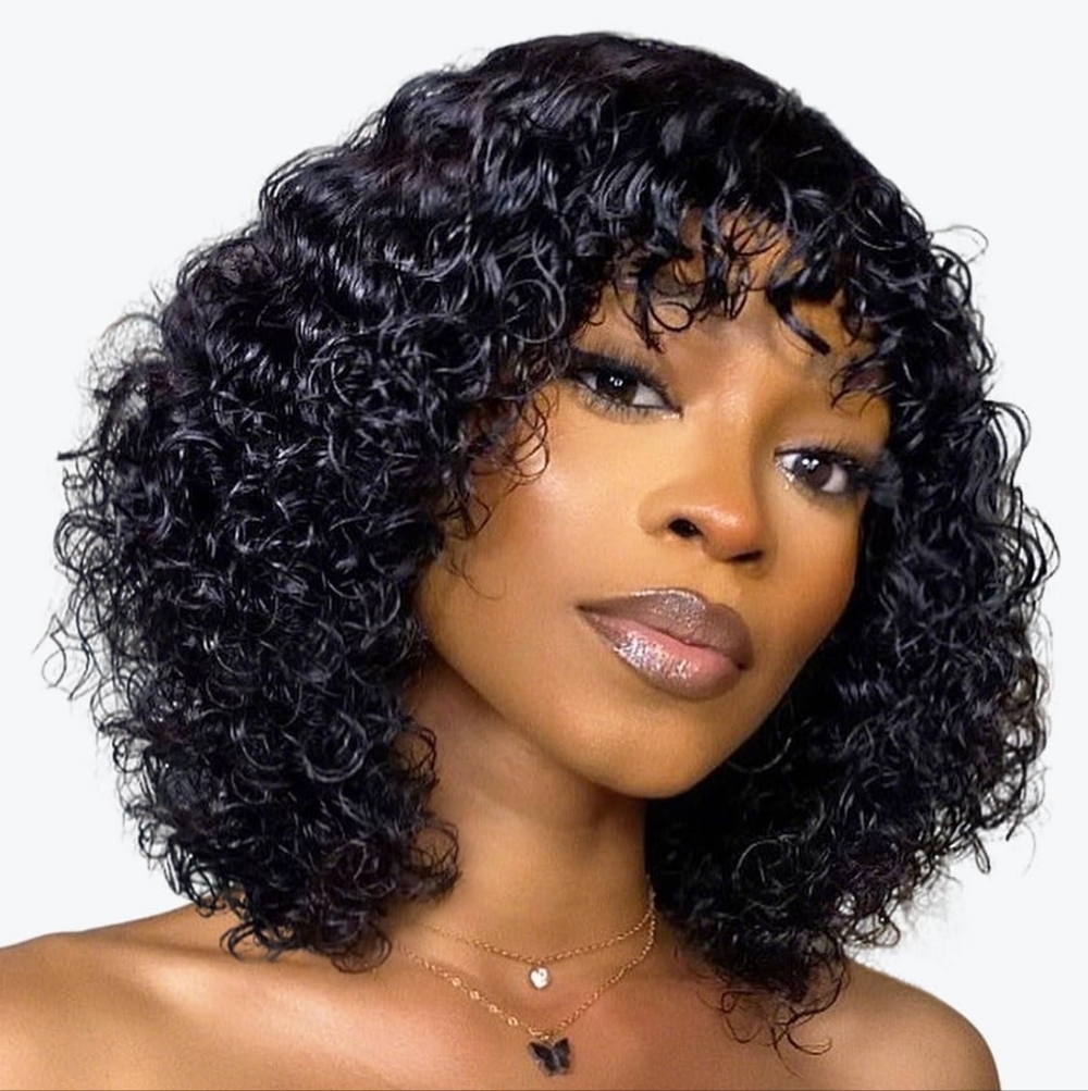 Human Hair Wig Bangs 14 Inch Short Water Wave Curly Bob Wig 180% Density